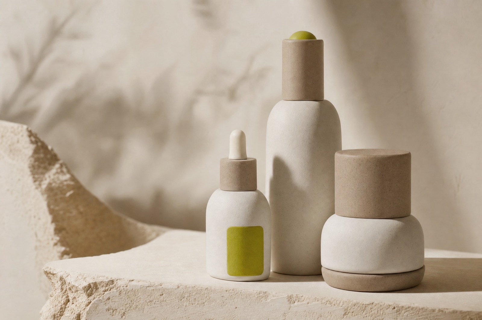 Three matte ceramic skincare bottles on a pale plaster ledge